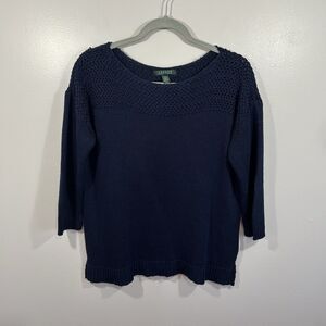 Lauren Ralph Lauren Sweater Women’s Large Acrylic Knit Boatneck 3/4 Sleeves Navy